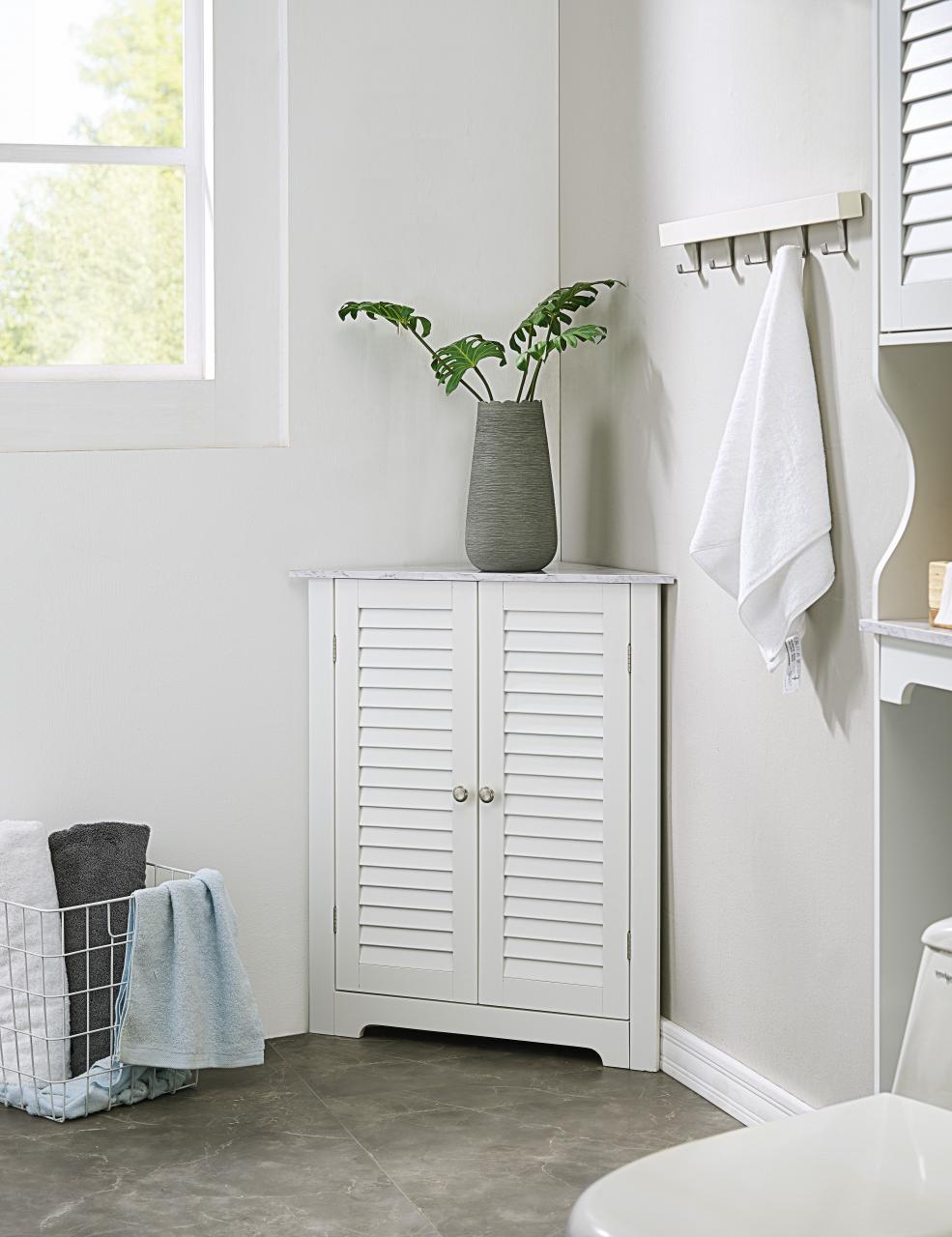 White Wooden Corner Bathroom Cabinet