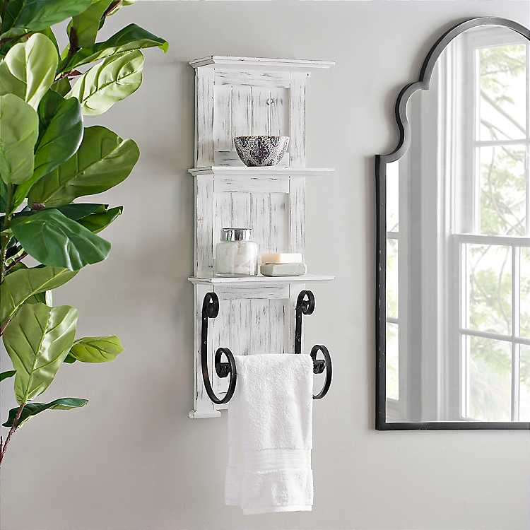 White Bathroom Shelf with Towel Hooks