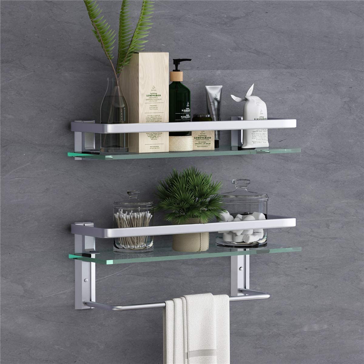 Glass Bathroom Shelf with Towel Hooks