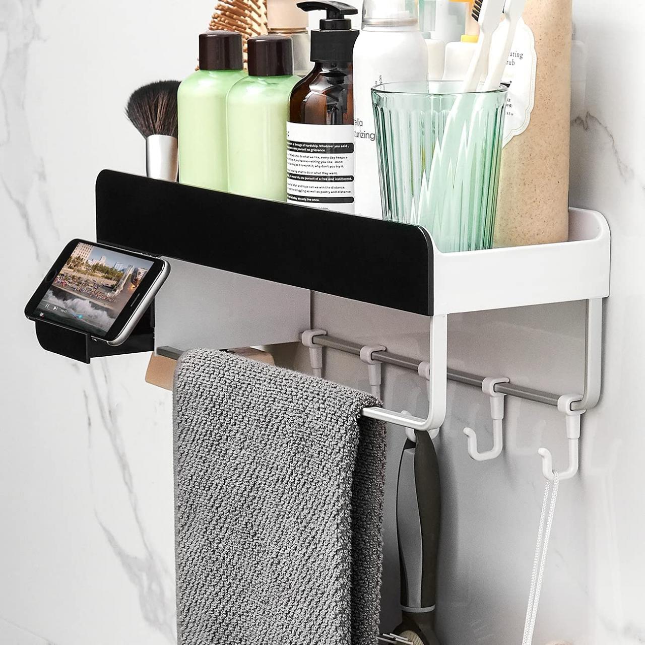 Bathroom Shelf with Towel Bar and Hooks