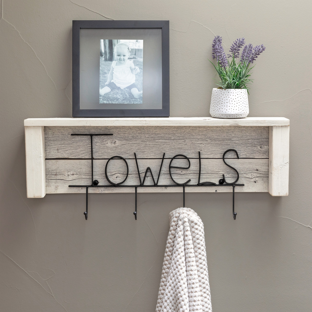 Rustic Bathroom Shelf with Towel Hooks