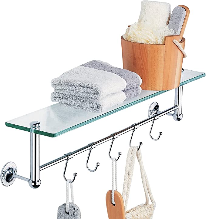 Bathroom Glass Shelf with Hooks