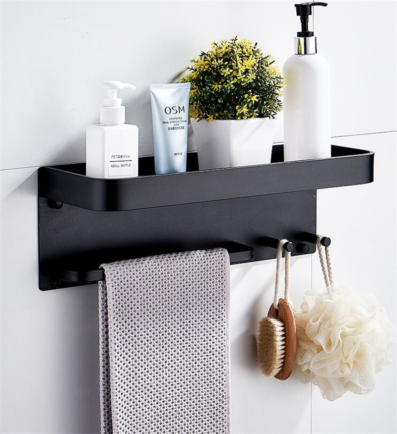 Black Bathroom Shelf with Towel Hooks