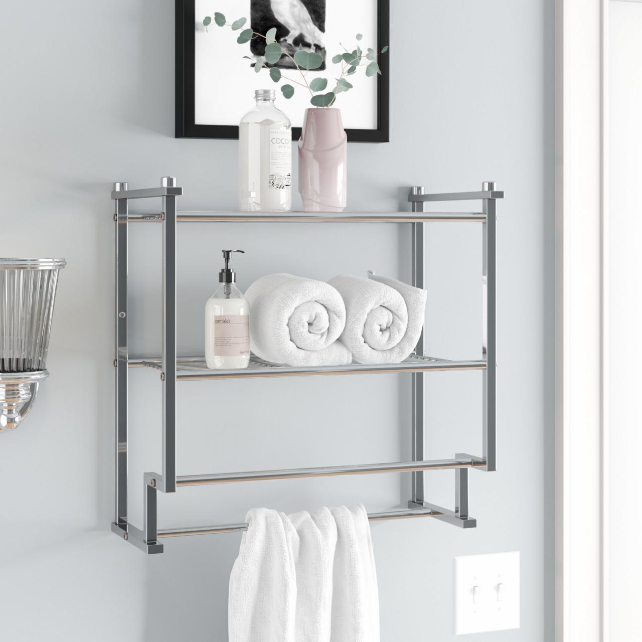 Silver Bathroom Shelf with Towel Bar