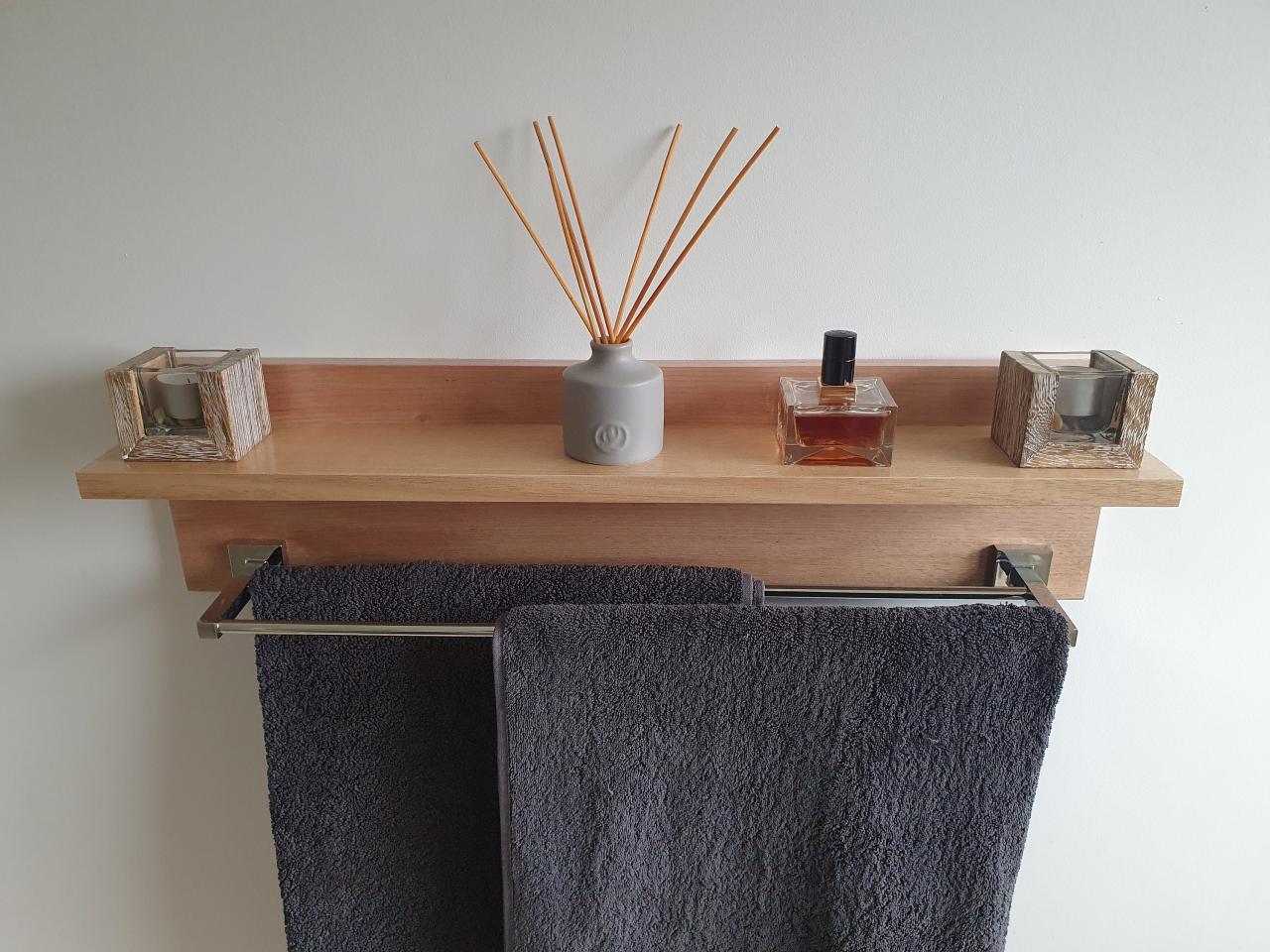Oak Bathroom Shelf with Towel Rail
